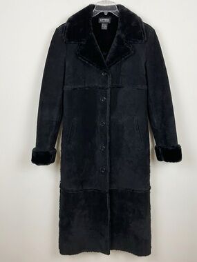 Express World Brand Black Suede Leather Penny Lane Maxi Coat Faux Fur Trim S Med